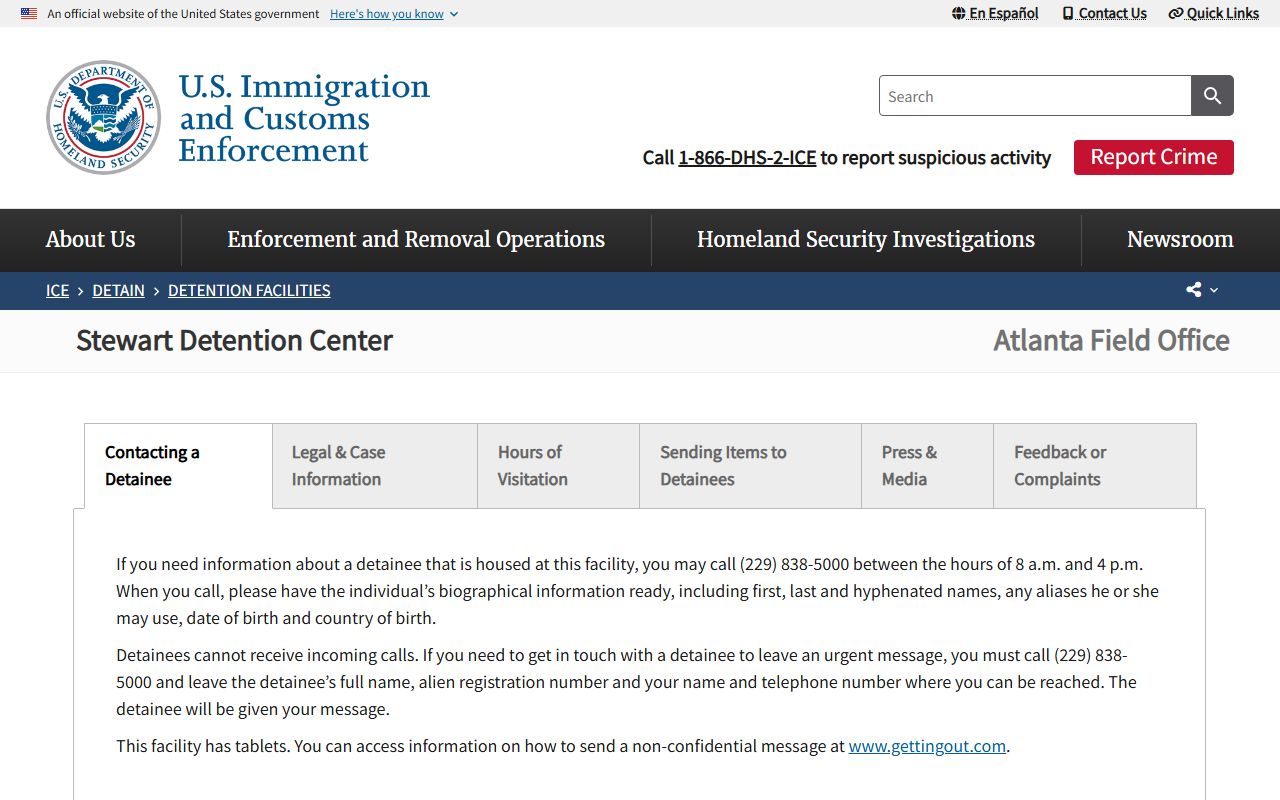 ICE Stewart Detention Center page with address and visitation contacts